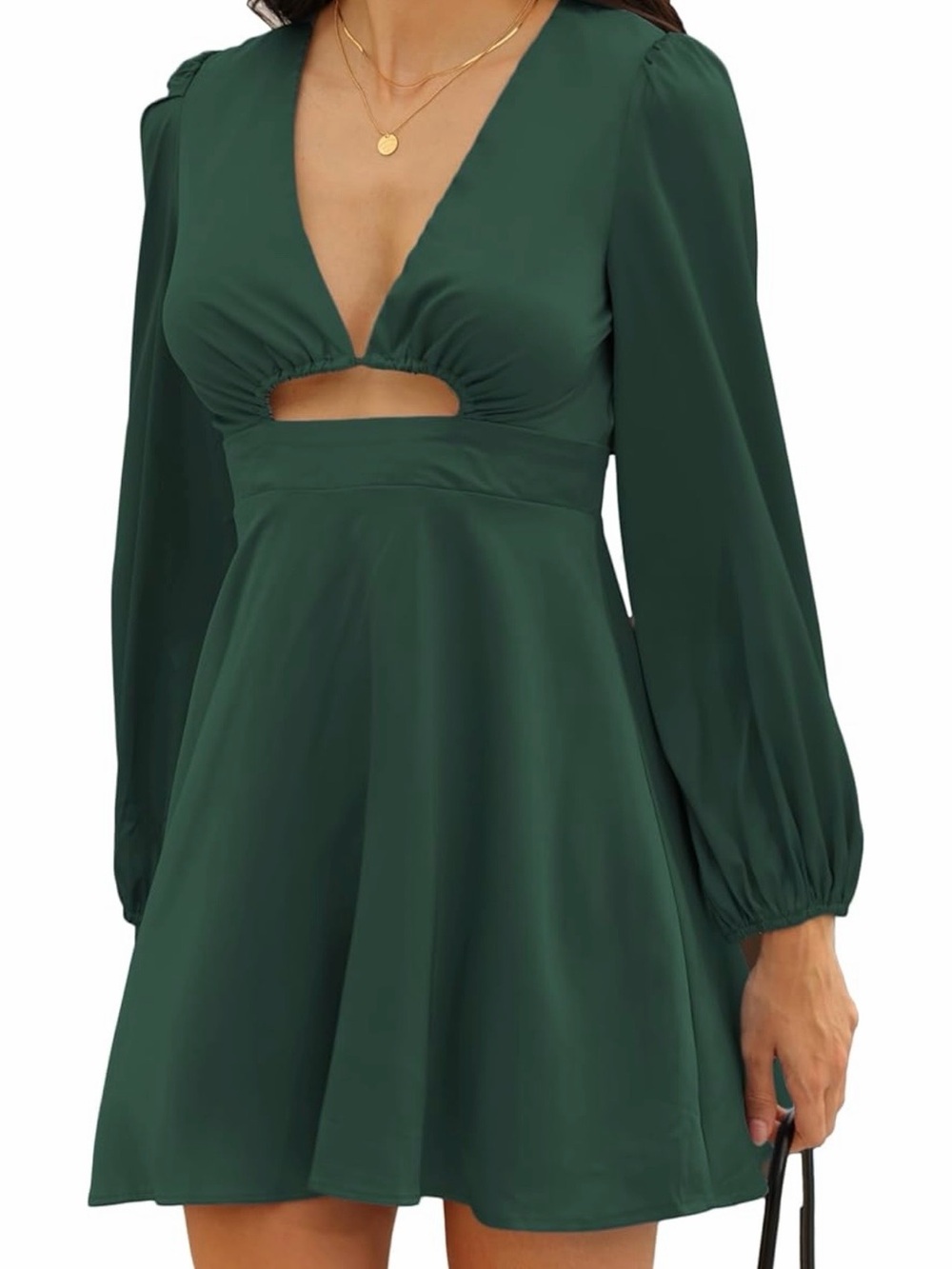 Teal Satin Deep V Cutout Mini Dress Women’s Size L Long Sleeve Flowy Party EUC